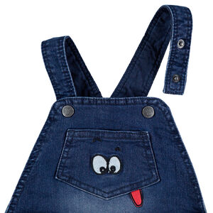 Salopette en denim effet used doublée jersey avec badges contrastés  