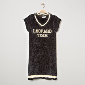 Junior - Robe manches courtes en maille chenille avec inscription léopard 