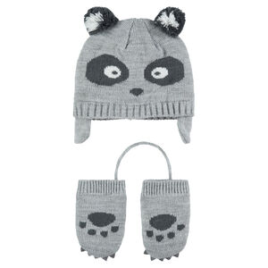 Ensemble Bonnet péruvien motif panda avec moufles en tricot 