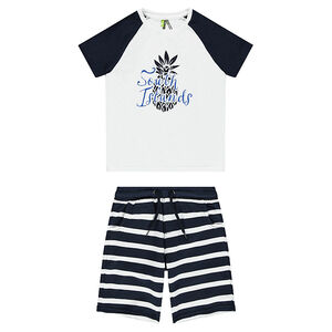 Ensemble avec tee-shirt printé et bermuda rayé 