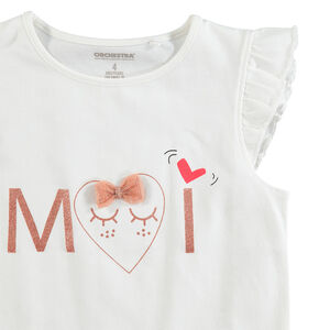 Tee-shirt manches courtes volantées et inscription à paillettes 