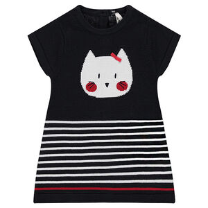Robe manches courtes en tricot avec chat en jacquard et rayures placées 