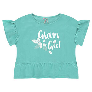 Tee-shirt court en jersey volanté avec inscription printée 