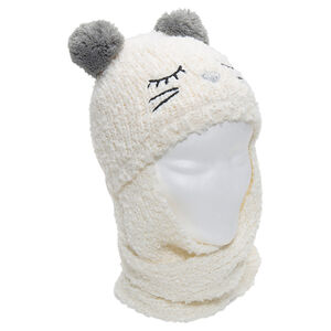 Bonnet écharpe en tricot avec oreilles forme pompons 
