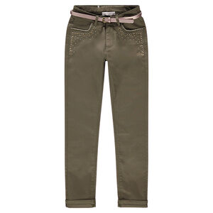 Pantalon kaki slim avec clous fantaisie et ceinture irisée 