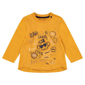 Tee-shirt manches longues jaune avec motifs fantaisie printés 