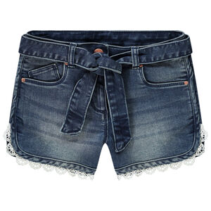 Short en jean délavé avec finition dentelle fille 