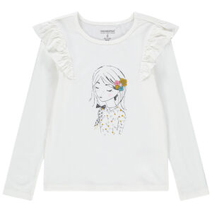 T-shirt manches longues print fillette et emmanchures volantées 