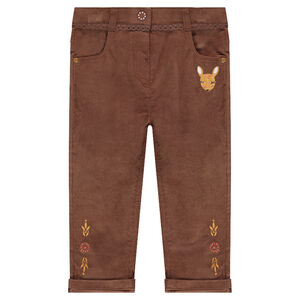 Pantalon slim en velours avec faon brodé et galon dentelle  