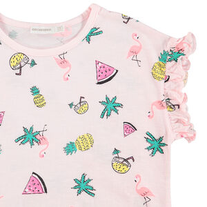 Tee-shirt à manches courtes volantées avec prints esprit tropical 