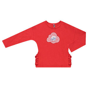 Tee-shirt manches longues volanté avec pompons sous empiècement en résille 