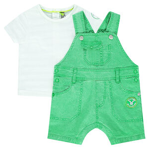 Ensemble tee-shirt rayé et salopette verte en coton fantaisie 