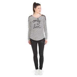 Tee-shirt manches longues de grossesse rayé avec inscription pailletée et dentelle 