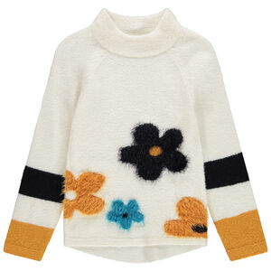 Pull long en tricot à col montant et fleurs en jacquard 