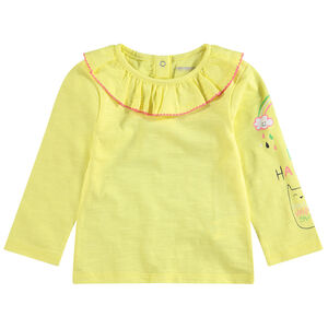 Tee-shirt manches longues en jersey avec col volanté et motifs printés 