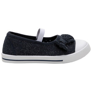 Babies en toile bleue mélangée de fils brillants à noeud et lanière élastiquée 