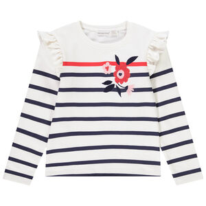 Marinière avec manches volantées et broderies fleurs fille 