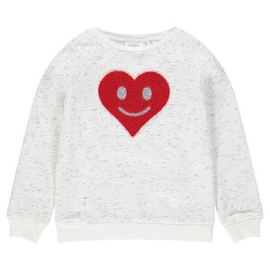 Sweat en molleton chiné avec coeur en bouclette et sequins argentés 