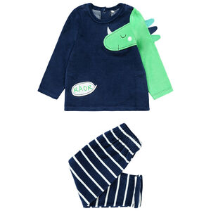 Pyjama en velours avec dinosaure et pantalon rayé 