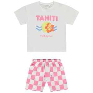 Ensemble t-shirt manches courtes fantaisie + short en damier fille 
