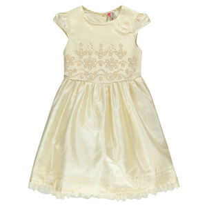 Robe manches courtes effet satiné avec tulle et sequins 