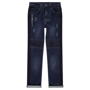 Junior - Jeans effet used et crinkle avec poche zippée et surpiqûres 