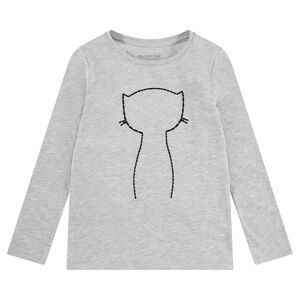 Tee-shirt manches longues en jersey avec chat et badges sequins adhésifs 