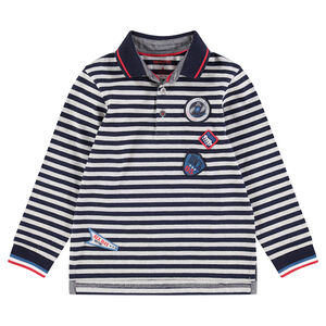 Polo manches longues en coton avec rayures contrastées et badges 