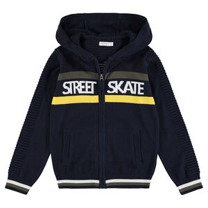 Junior - Gilet à capuche en tricot avec bandes et inscriptions en jacquard 