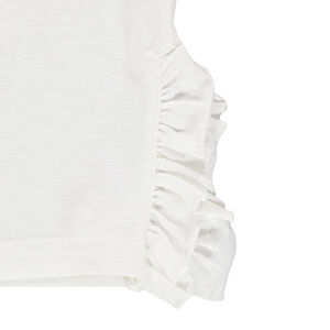 Tee-shirt manches longues volanté avec pompons sous empiècement en résille 