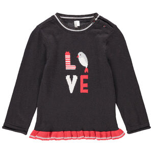 Pull en tricot avec oiseau en jacquard et volant rouge 