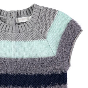 Robe manches courtes à rayures bleues et grises en tricot fantaisie 