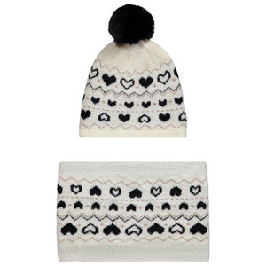 Ensemble bonnet + snood en tricot fantaisie avec pompon fille 