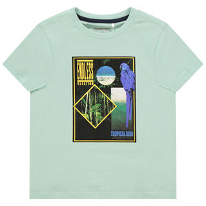 T-shirt manches courtes bleu à motif esprit jungle 