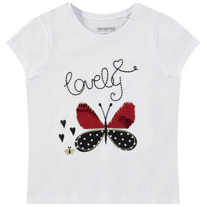T-shirt manches courtes uni avec papillon à sequins 