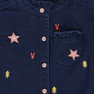 Robe manches longues en coton fantaisie effet jeans avec broderies contrastées 