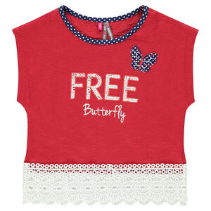 Tee-shirt court manches courtes avec patch et ruban dentelle 