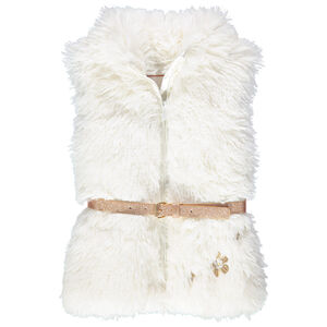 Gilet en fausse fourrure avec ceinture pailletée et fleur brodée 
