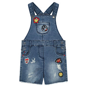 Salopette short en jeans used avec badges patchés Smiley 