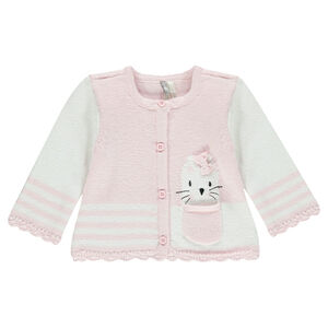 Gilet naissance en tricot et dentelle avec chat brodé 