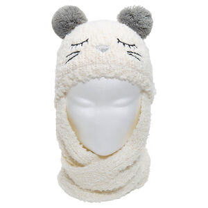 Bonnet écharpe en tricot avec oreilles forme pompons 