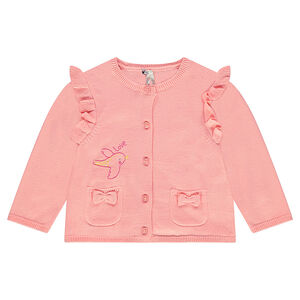 Gilet en tricot fin avec oiseau brodé et manches volantées 