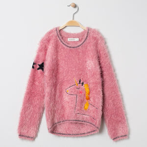 Pull en tricot poil motif licorne et étoiles 