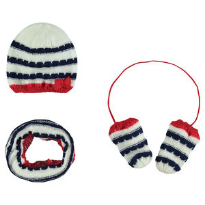 Ensemble bonnet, snood et moufles en tricot rayé  