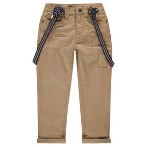 Pantalon en coton surteint effet crinkle avec bretelles rayées amovibles 