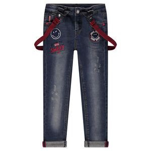 Jeans effet used à bretelles amovibles Smiley 