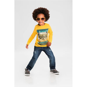 Jeans coupe droite effet used à taille élastiquée 