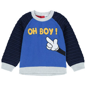 Pull en tricot bicolore avec inscription en bouclette et bras de Mickey Disney 