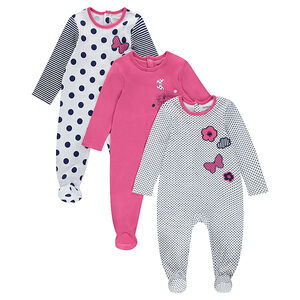 Lot de 3 dors-bien en jersey avec pois, rayures et fleurs patchées 