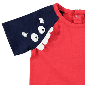 Tee-shirt manches courtes bicolore avec monstre printé et dents en relief 